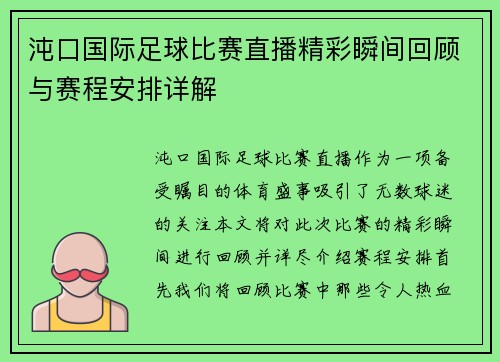 沌口国际足球比赛直播精彩瞬间回顾与赛程安排详解